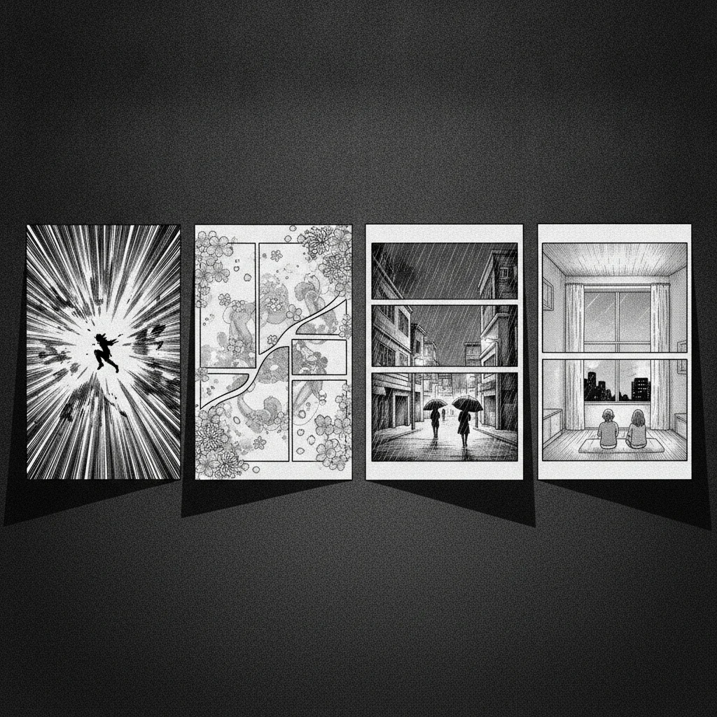 Shonen vs seinen vs shojo vs josei — four manga page moods side by side — black-and-white screentone showcase