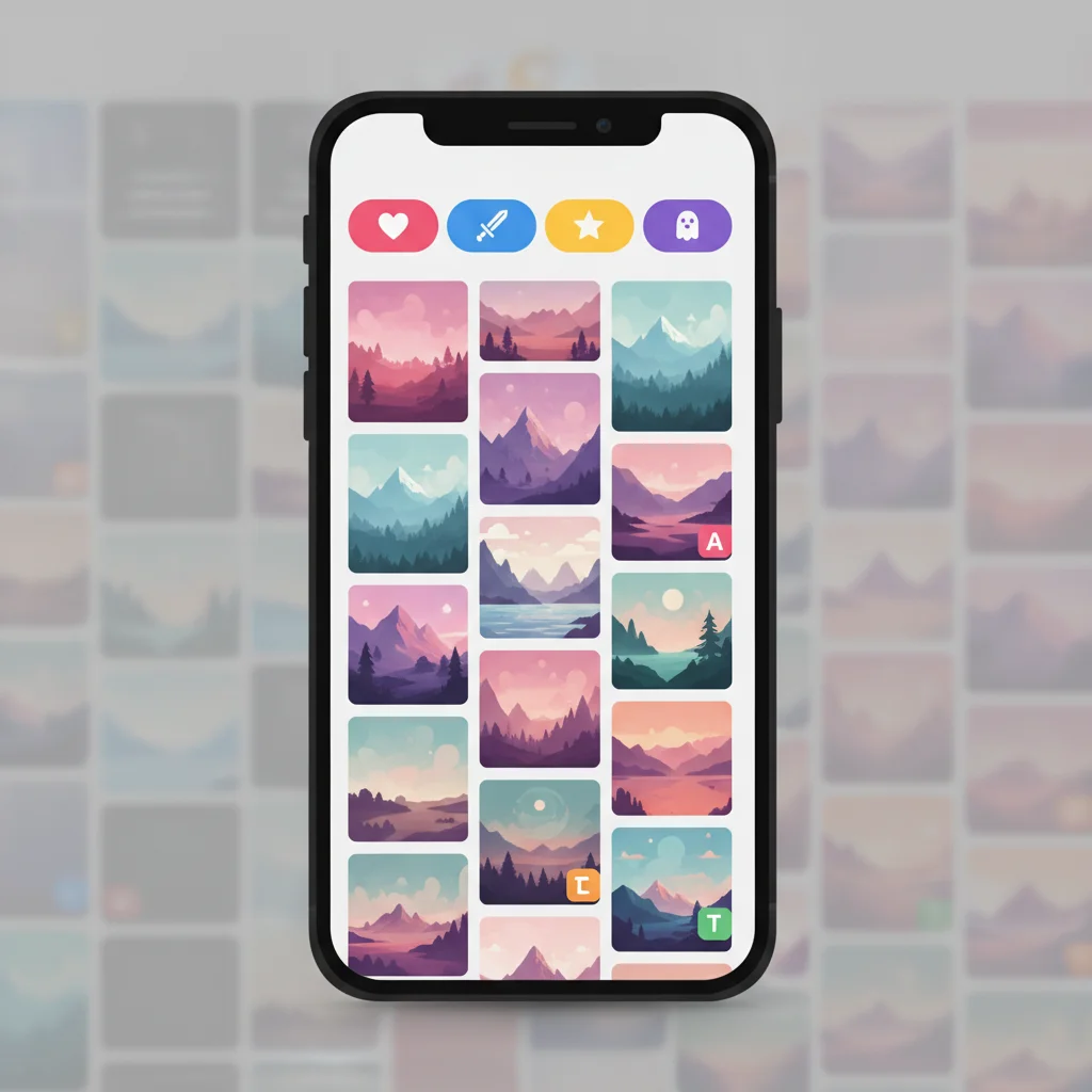 Webtoon platform labels — phone app with genre tabs and age-rating badges instead of demographics — flat UI mockup