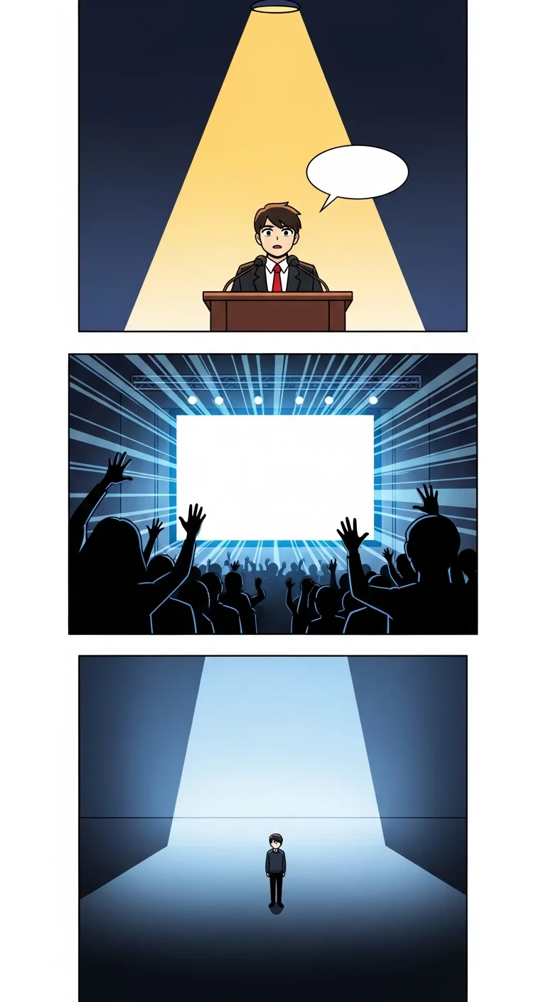 令人称心的复仇漫画展示条——三个垂直因果报应故事分镜，以全彩网漫风格展示了作恶者在讲台上、戏剧性的公众揭露与人群反应剪影，以及后果觉醒的特写