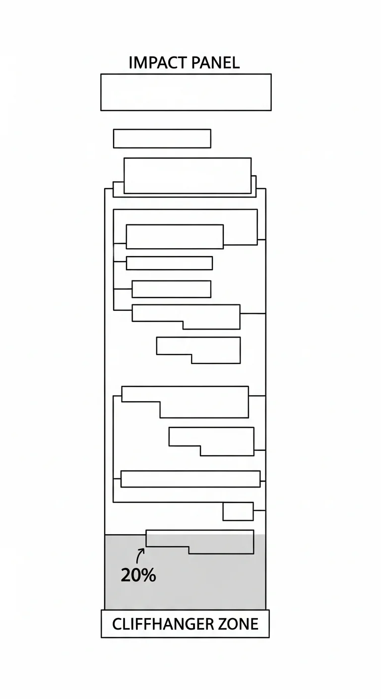 Webtoon pacing — cliffhanger placement — bottom 20% canvas zone highlighted with full-page blank gutter