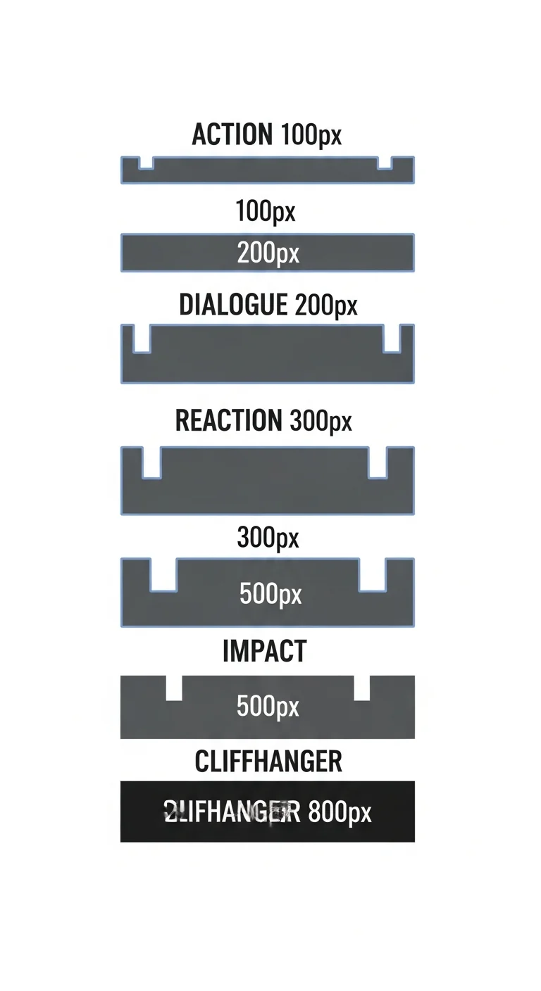 Webtoon pacing — gutter rhythm by emotion — vertical strip showing action dialogue reaction impact cliffhanger gutter sizes