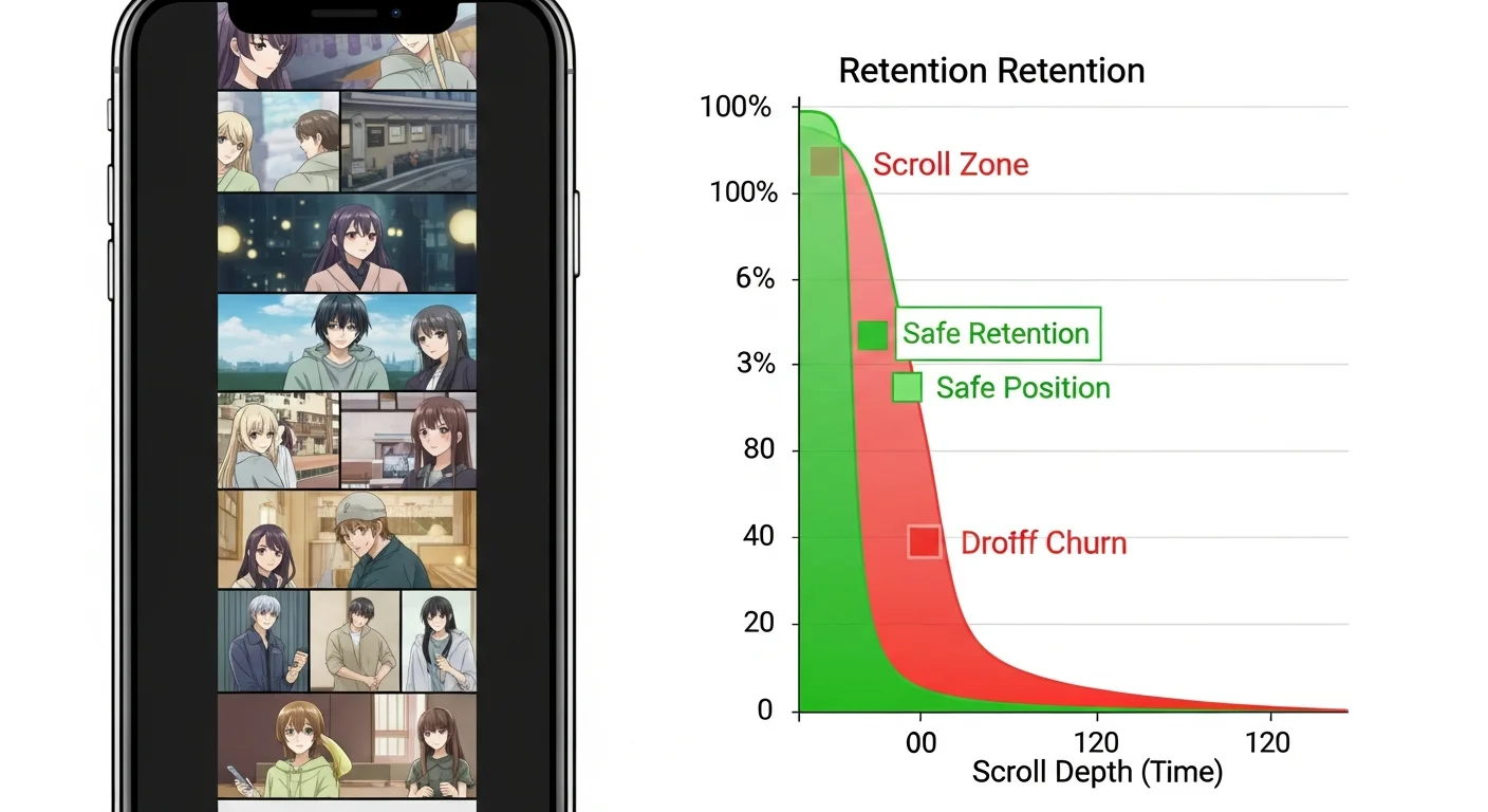 Webtoon pacing — retention curve preview — green and red zones overlaid on smartphone webtoon scroll