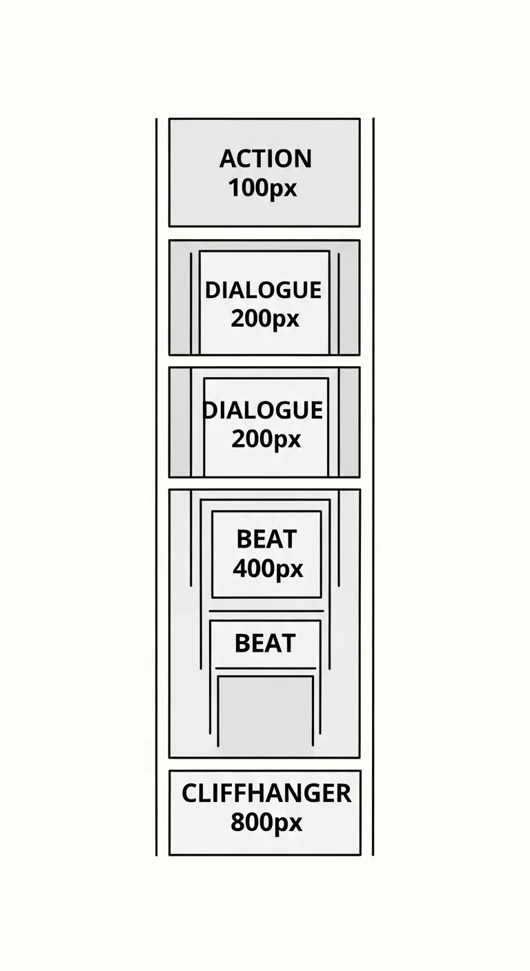 Webtoon paneling — gutter pacing — vertical strip showing progressively larger gutters labeled by purpose