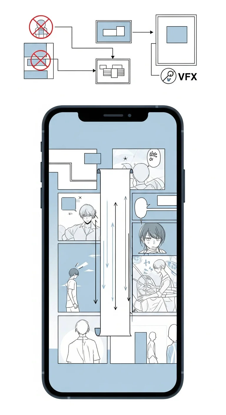 Webtoon paneling — mobile scroll preview — smartphone frame showing scrolling motion