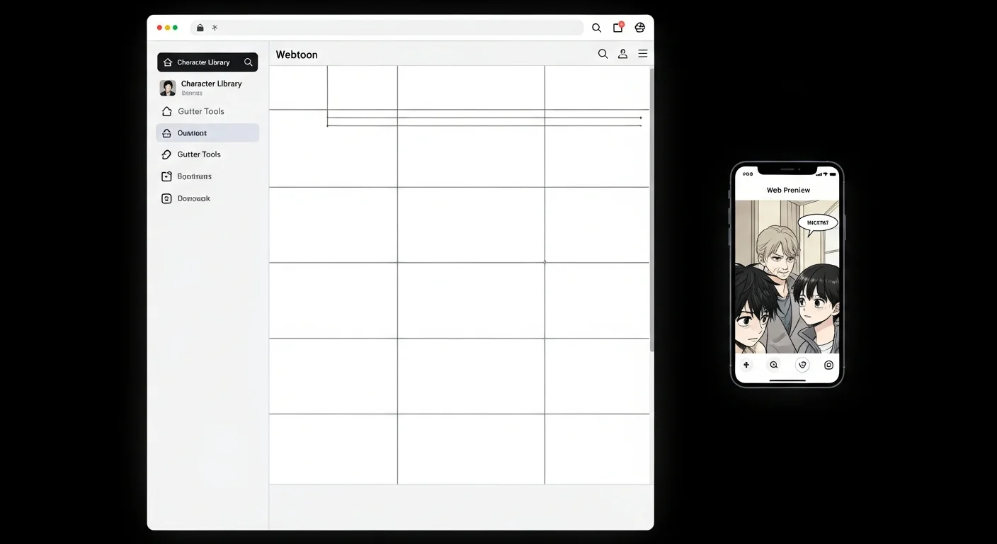 Comistitch Studio — vertical webtoon canvas UI — 6-panel mockup with toolbar and mobile preview