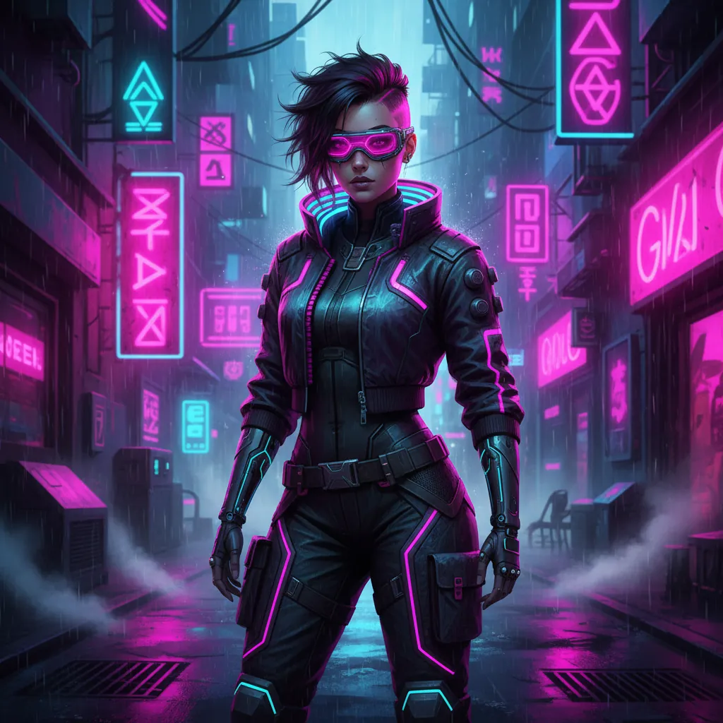 赛博朋克 AI 角色创作器——霓虹都市女孩设定图