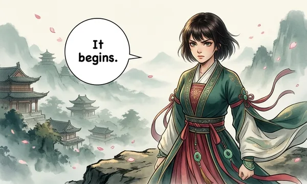 AI-generated manhua xianxia heroine in jade-green hanfu holding a jian sword among misty mountains in vertical panel layout