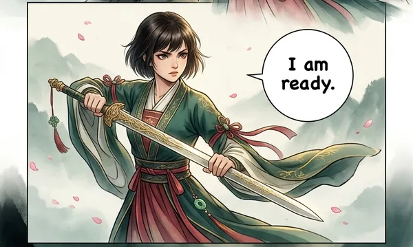 Chinese manhua panel of a cultivation heroine in crimson silk robes before an ancient mountain pavilion with floating petals