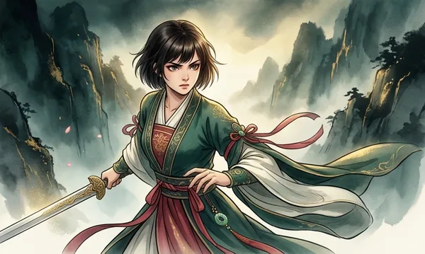 Wuxia manhua scene with a hanfu heroine and flying sword amid soft ink-wash clouds and jade-and-gold detail