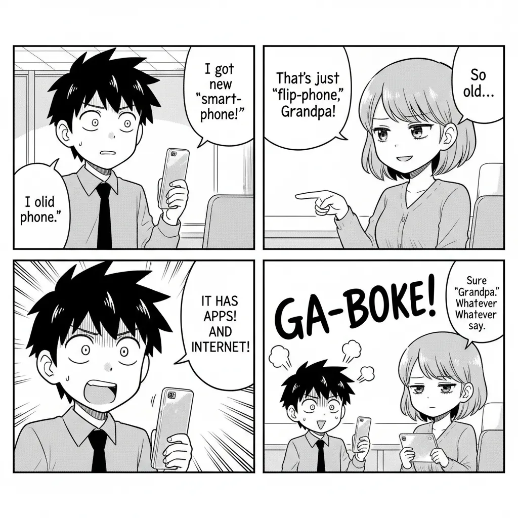 四格漫画，其中两个循环角色在办公室环境中，第一格和第二格进行设置，第三格进行转折，第四格进行反应笑点