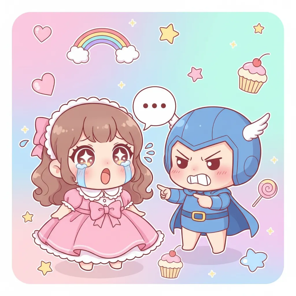 Four-panel chibi gag strip with comedic punchline, cute characters, and pastel color palette