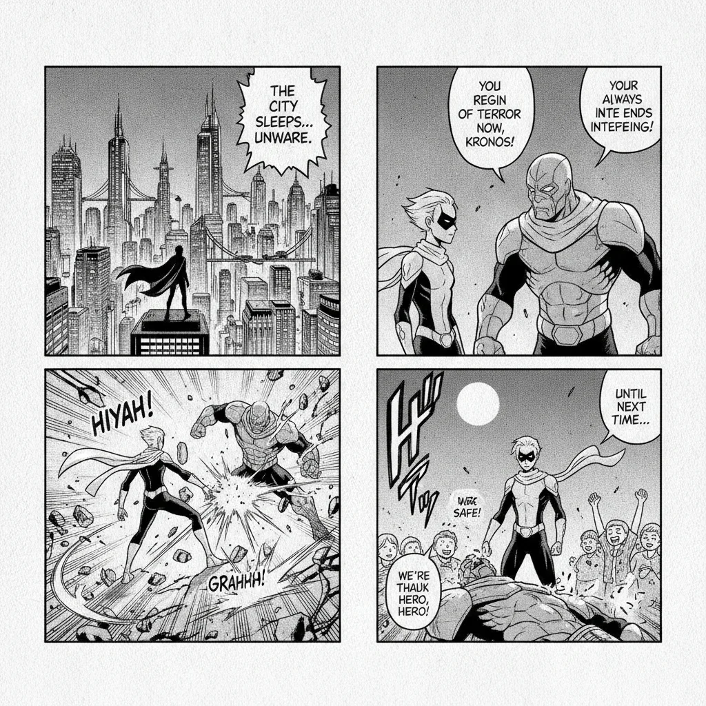 Four-panel AI-generated comic book page with lettered speech bubbles showing a superhero story sequence