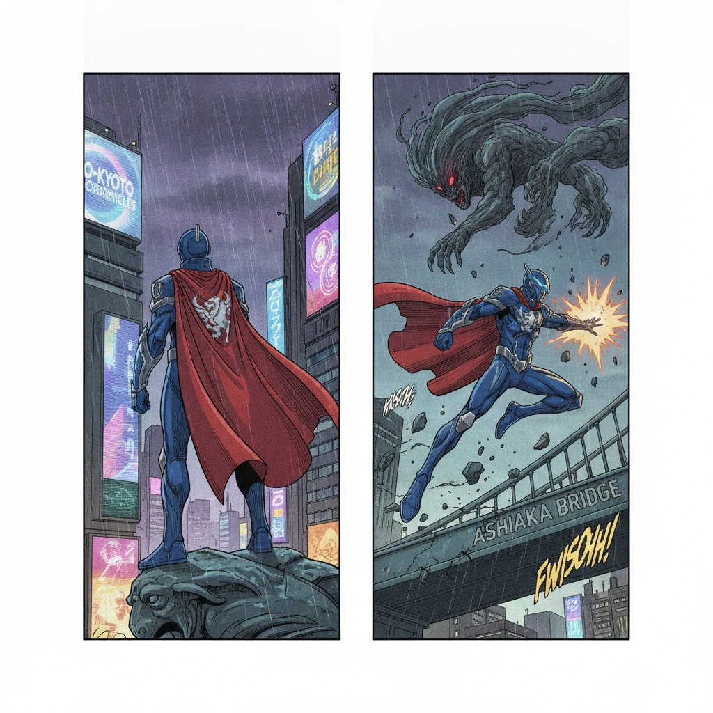 Two AI comic panels showing the same costumed character from different angles, proving consistent character design