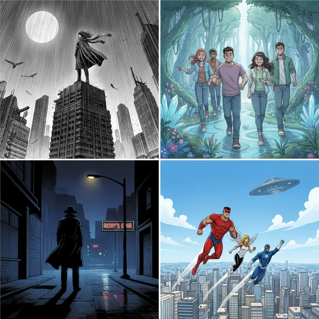 A 2x2 grid of comic panel thumbnails in four different art styles — manga, webtoon, noir, and superhero