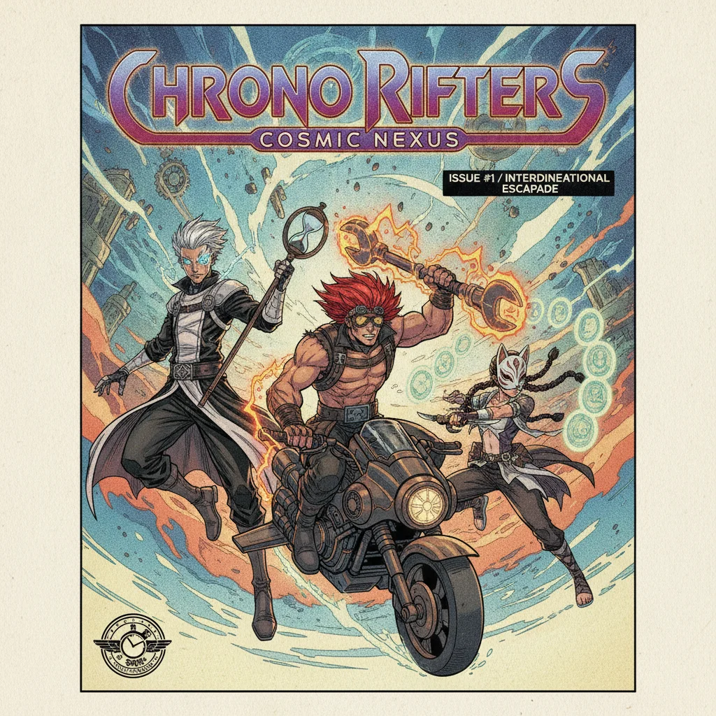 AI-generated comic book cover art with three characters composed dramatically for a print-style cover