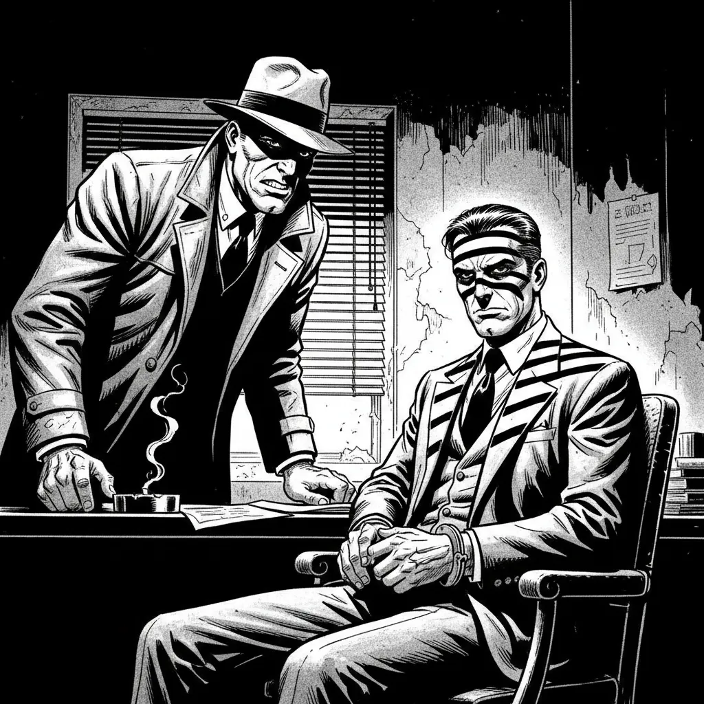 Noir interrogation scene with dramatic shadow stripes across suspect's face in dimly lit room