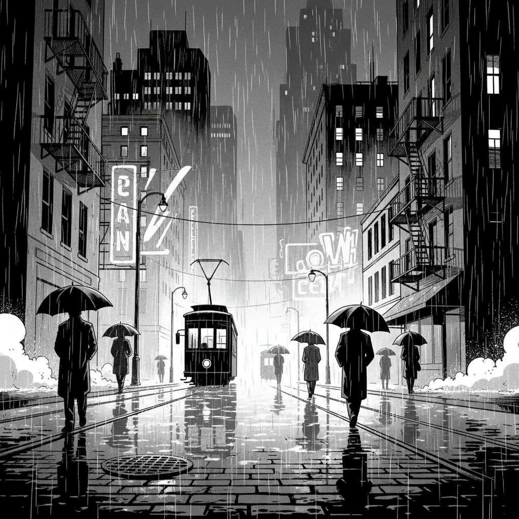 Neo-noir cityscape panel with neon reflections on wet pavement and silhouetted figure in foreground