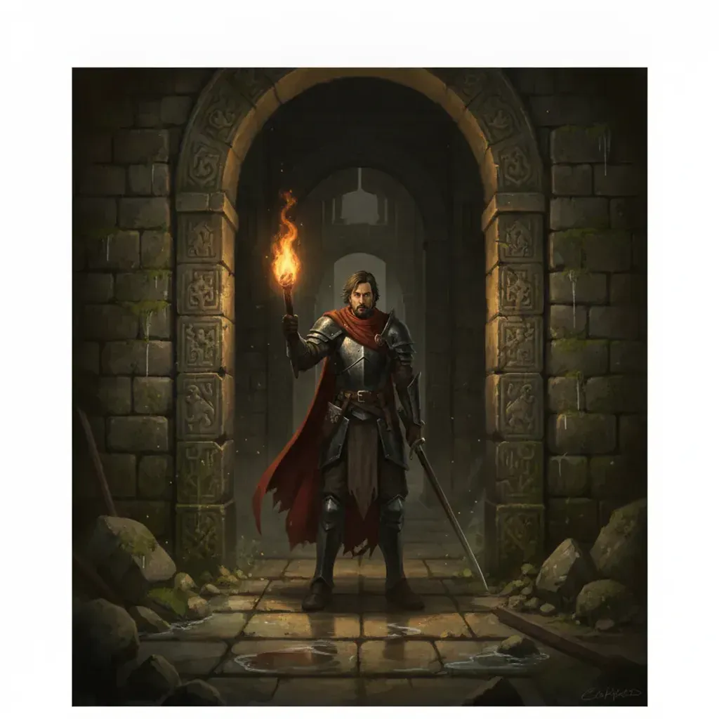 Painted fantasy comic panel of an armoured adventurer facing a dark ruined corridor with torchlight