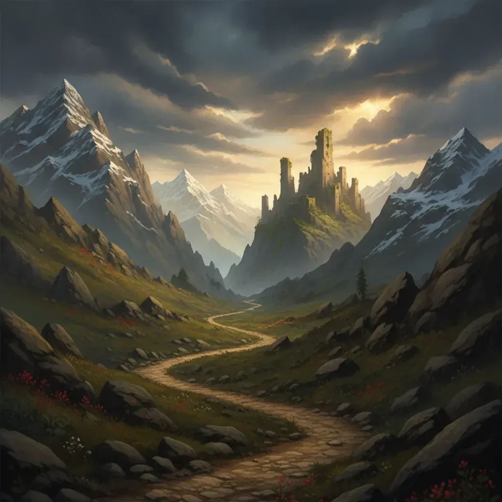 Wide fantasy establishing shot of a mountain pass and distant castle ruins under dramatic sky