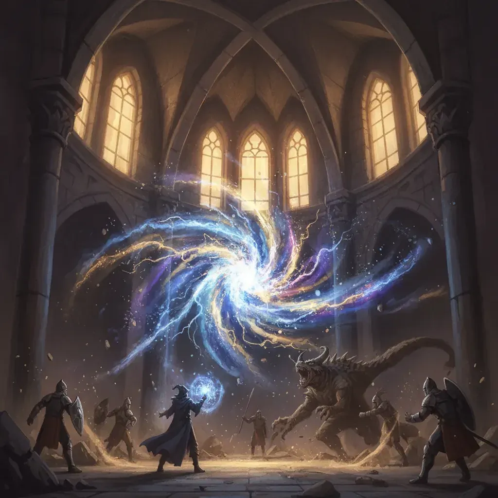 Fantasy comic panel showing a dramatic spell effect lighting up a stone chamber during combat