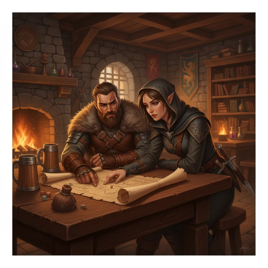 Fantasy party of four adventurers — warrior, mage, rogue, cleric — in full-color comic panel with forest background