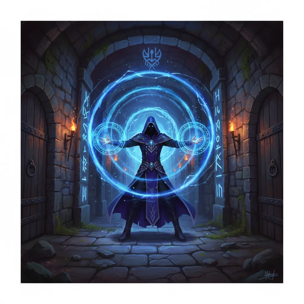 Fantasy mage casting spell in underground dungeon with glowing rune effects and stone corridor background