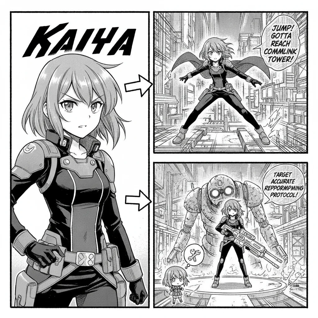 A manga-style character hero reference image on the left with arrows pointing to two comic panels reusing the same character on the right