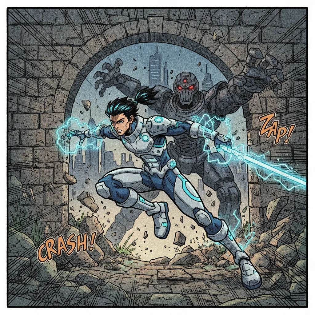 Manga comic action panel showing a character from the hero reference portrait in a dynamic pose with motion lines