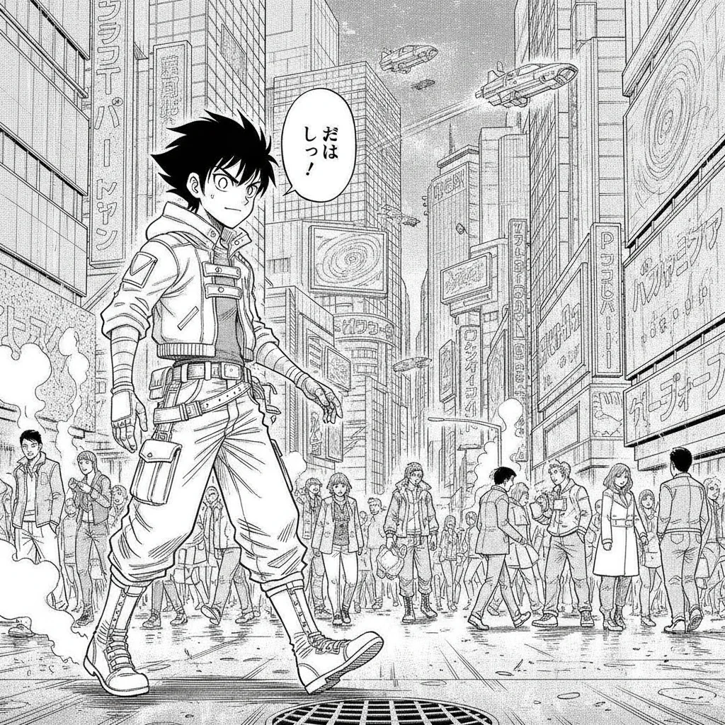 Wide manga panel showing one consistent character walking through a city street background
