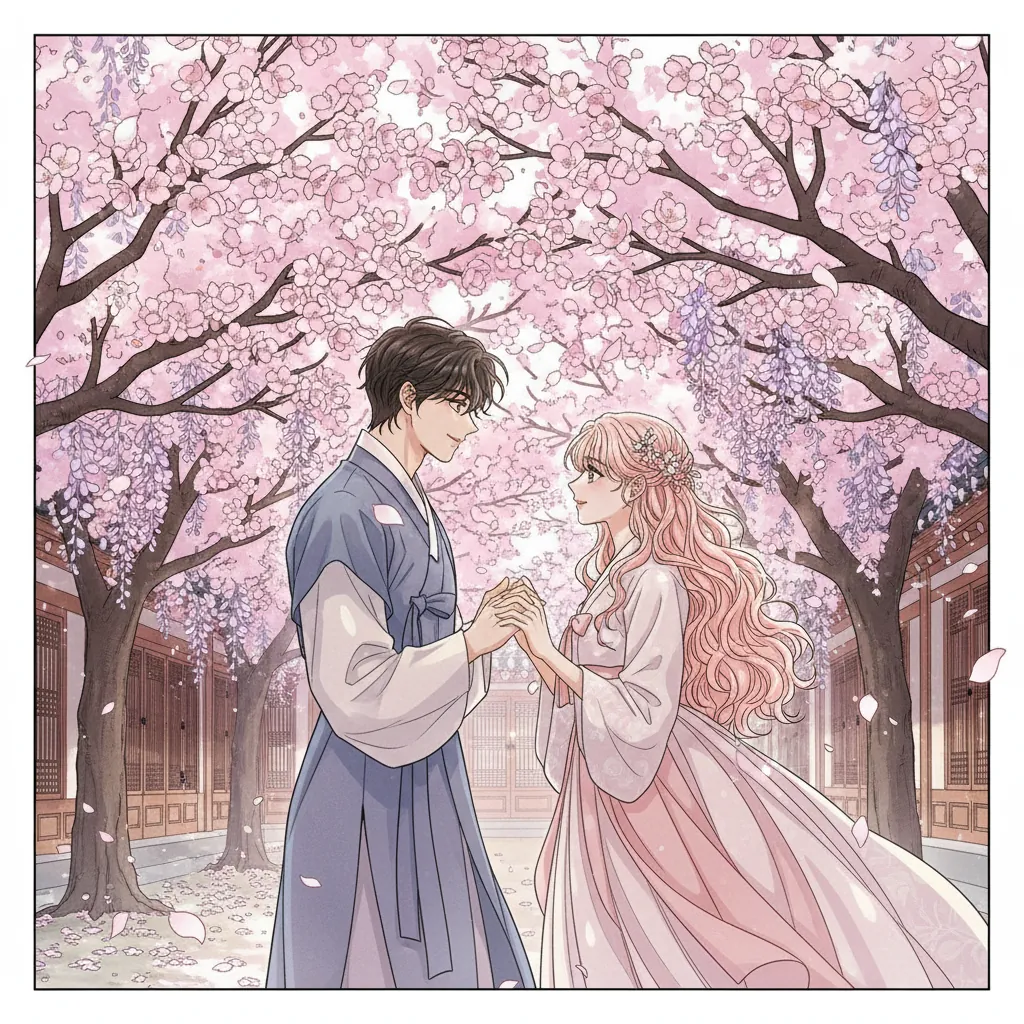 Manhwa 奇幻面板，具有详细的宫殿内部，充满活力的全彩背景和戏剧性的照明