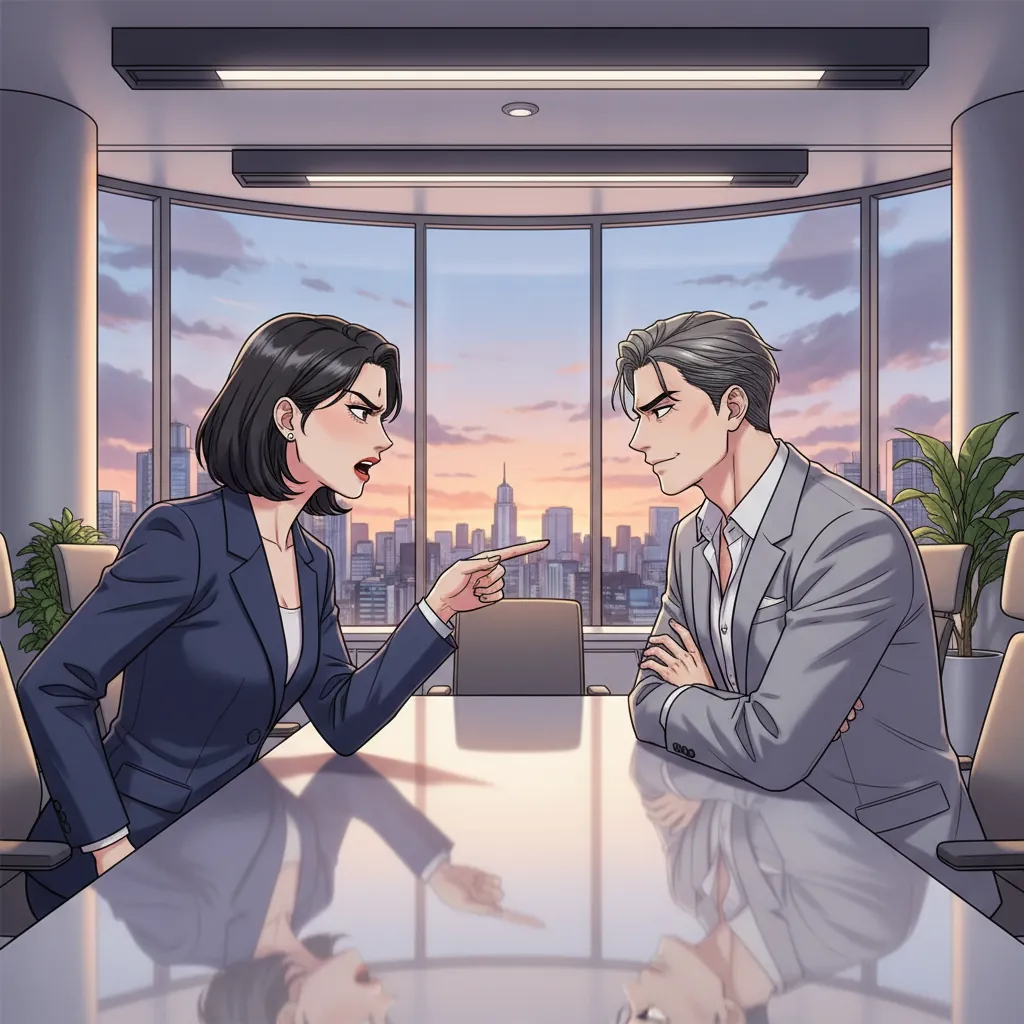 Manhwa 对话面板，显示办公室戏剧场景，具有详细的角色表情和现代室内环境