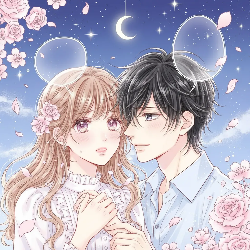 Romance manga school rooftop confession scene with dramatic sky and two characters facing each other in emotional moment