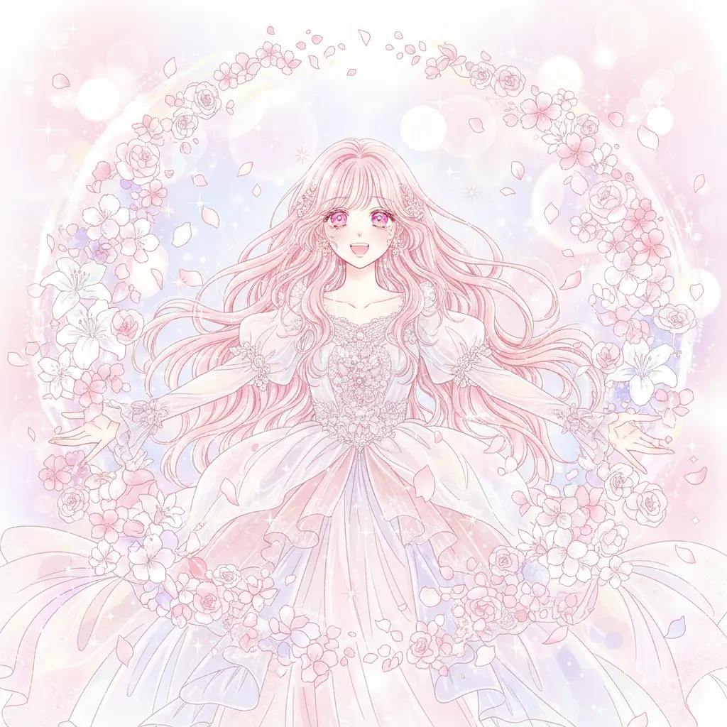 Shojo manga spread with character surrounded by flower petals in dreamy soft-focus style with sparkle effects