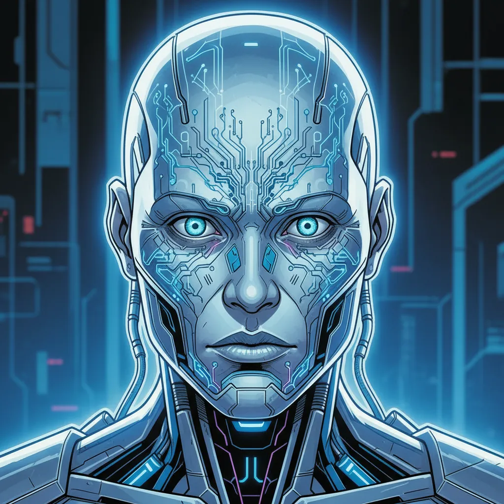 Humanoid android character close-up with visible circuit patterns under translucent synthetic skin in sci-fi comic style