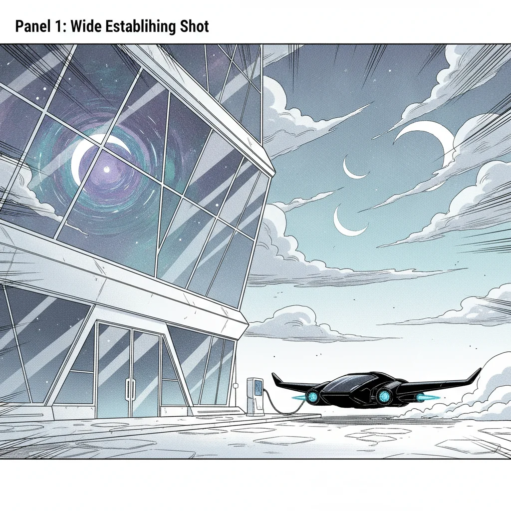 Storyboard sequence of three comic panels labeled with different camera shots, a wide establishing shot, a medium two-shot, and a low-angle dramatic shot
