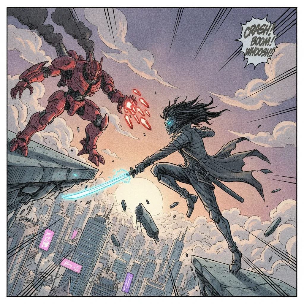 Comic storyboard panel using a tilted Dutch angle camera framing on an action scene