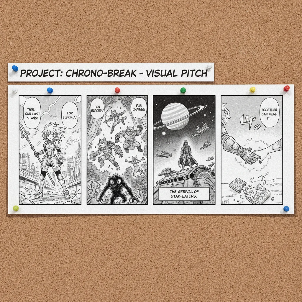 Pitch-board style layout with six small storyboard panels in a numbered grid, each a different comic scene