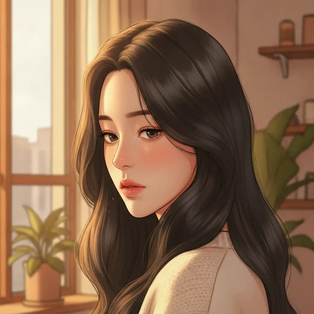 Close-up romance webtoon panel with delicate linework and warm natural lighting on a character's hesitant expression