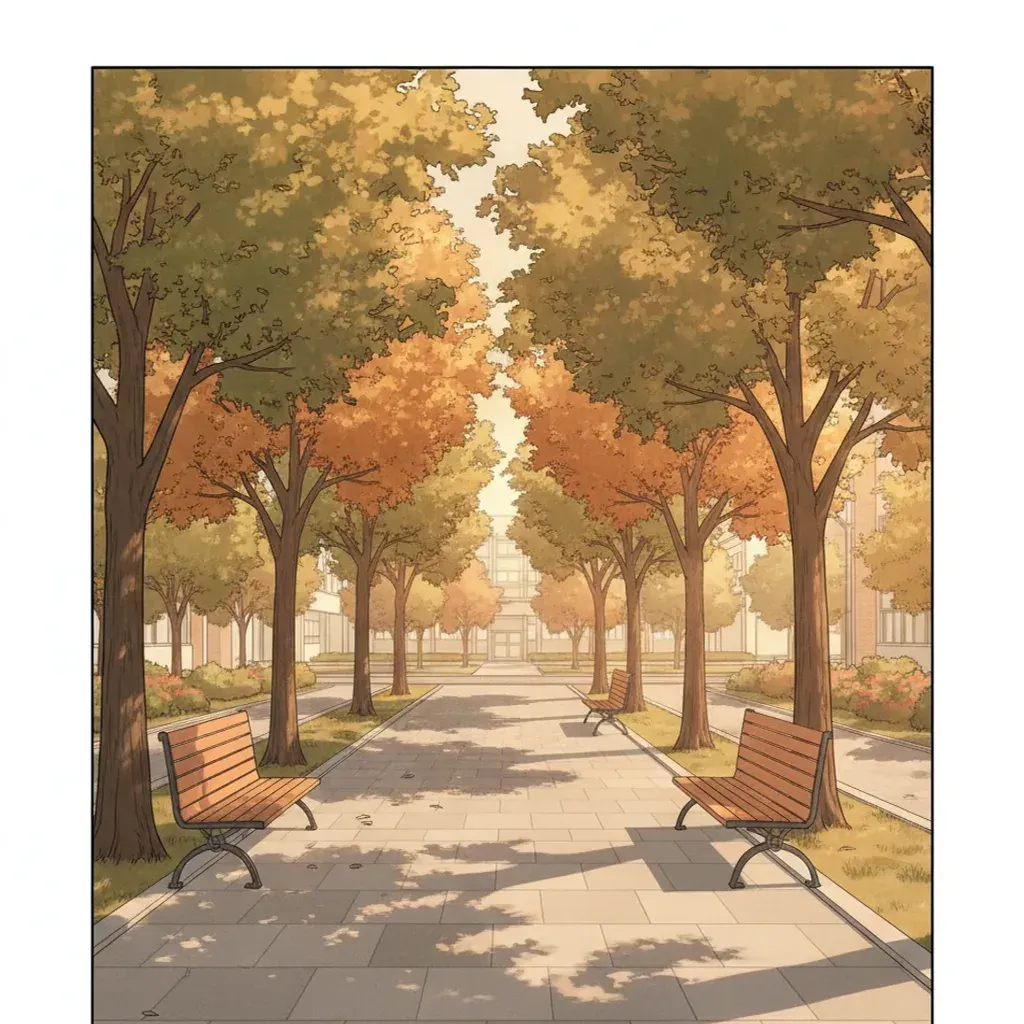 Romance webtoon establishing shot of a quiet campus walkway at golden hour with soft matte colour grading