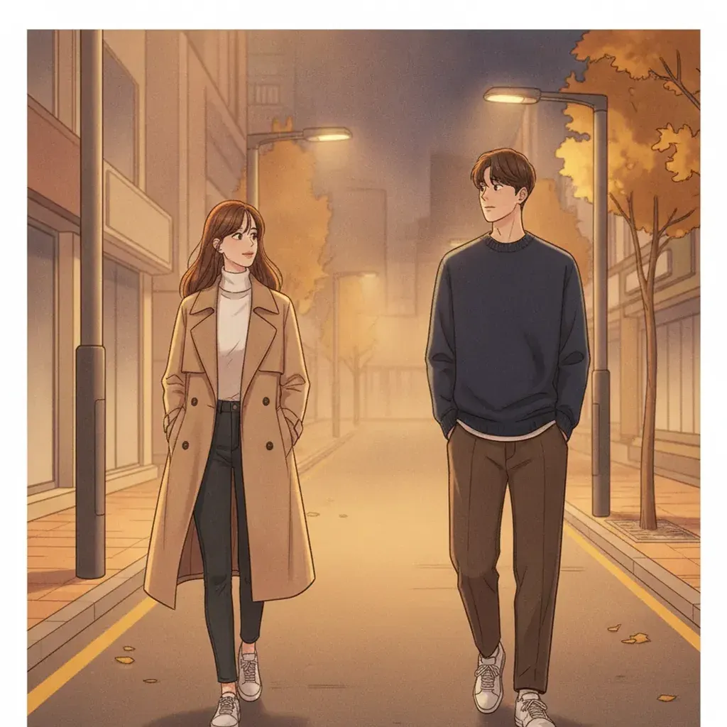 Vertical scroll romance webtoon sequence showing two characters walking together with tidy simple backgrounds